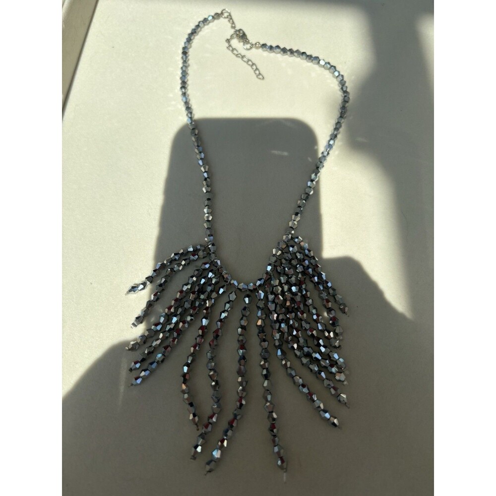 Blue/Gray Iridescence Faceted Beaded Fringe Statement Necklace Cascading Drop